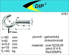 Hák s metrickým závitem M6x80mm, ZB, 1ks