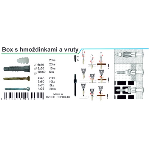 Box hmoždinek víceúčelových s lemem + do sádrokartonu + vruty PA, 55ks