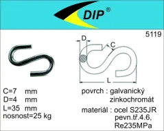 S-hák 4mm, zinek bílý, 1ks