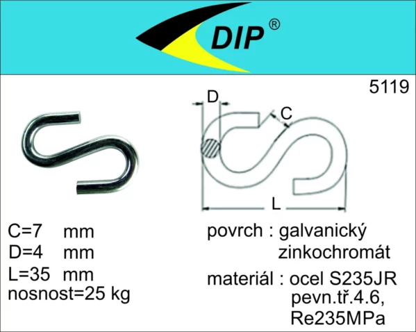 S-hák 4mm, zinek bílý, 1ks
