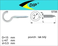 Hák s vrutem 19x60, lak bílý, 5ks