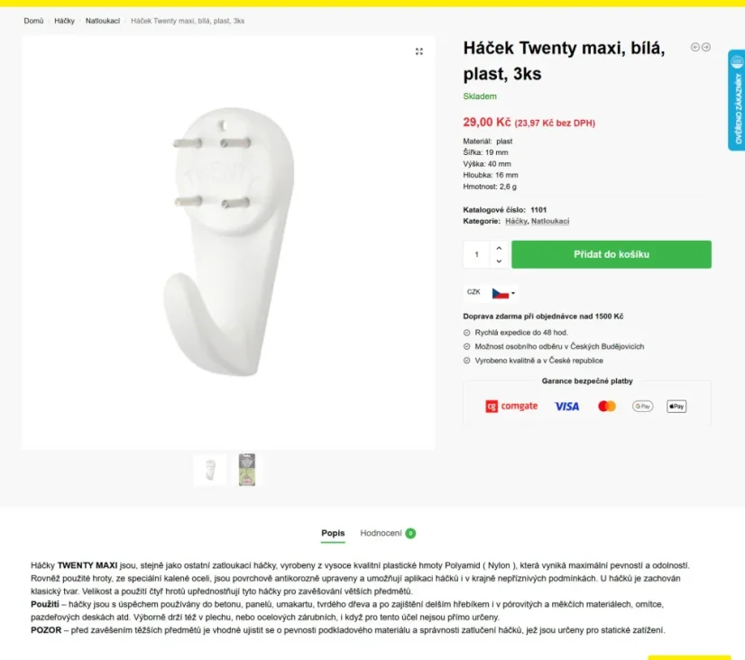 Háček Twenty maxi, bílá, plast, 3ks
