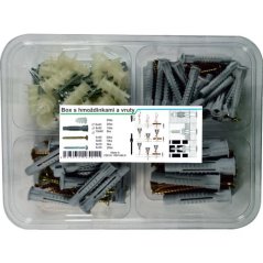 Box hmoždinek víceúčelových s lemem + do sádrokartonu + vruty PA, 55ks